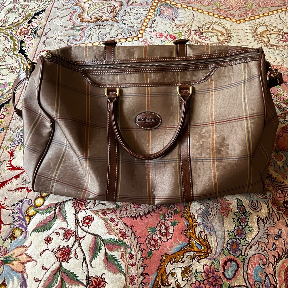 John Richmond London Vintage Plaid Canvas and Leather Weekender Bag